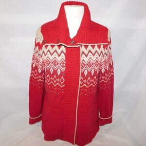 Eddie Bauer Fair Isle Full Zip Cardigan Sweater Red Tan Convertible neck Women L